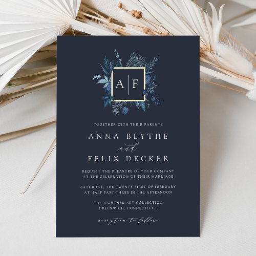 Winter Azure Monogram Wedding Foil Invitation