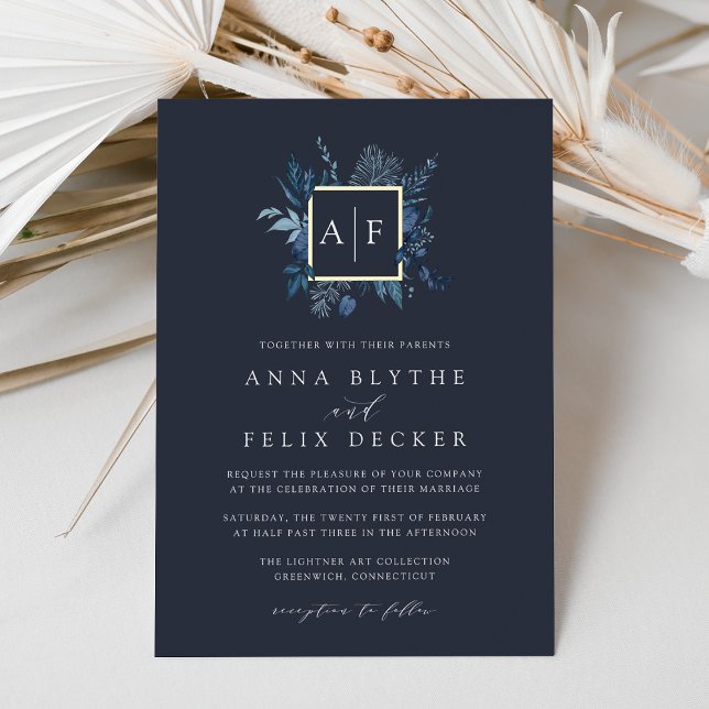 Winter Azure Monogram Wedding Foil Invitation (Creator Uploaded)
