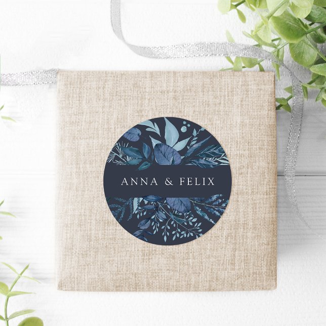 Winter Azure | Personalized Botanical Wedding Classic Round Sticker (Creator Uploaded)
