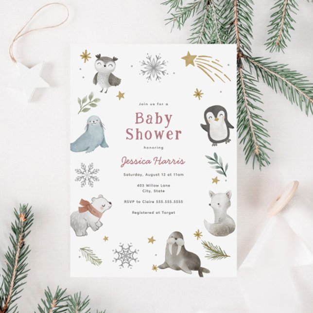 Winter Baby Animals Baby Girl Shower Invitation (Creator Uploaded)