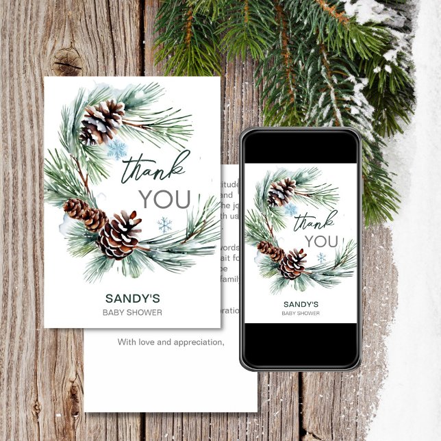 Winter baby baby shower pine wreath thank you card (Winter baby baby shower pine wreath editable template thank you card digital download baby it's cold)