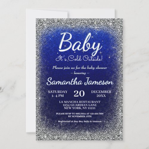 Winter Baby Boy Blue Silver Baby Shower Glitter Invitation