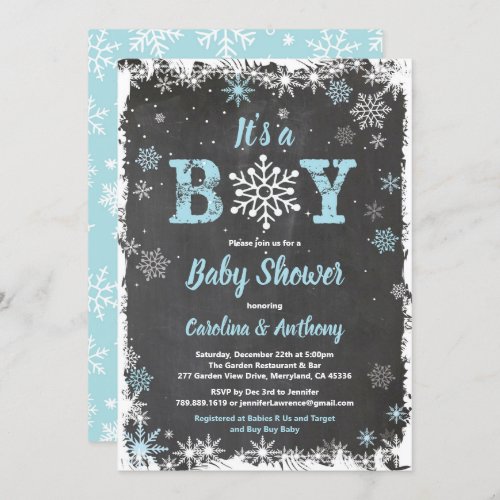 Winter baby boy shower snowflake chalkboard invitation