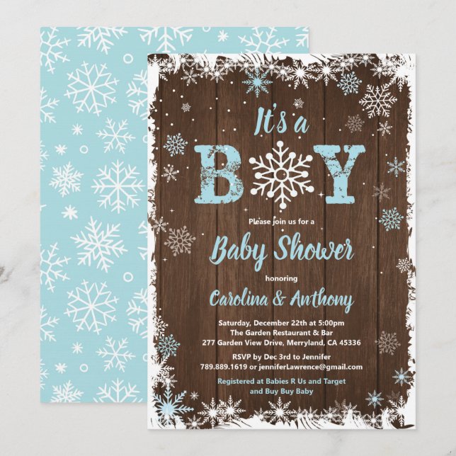 Winter baby boy shower snowflake rustic wood invitation (Front/Back)