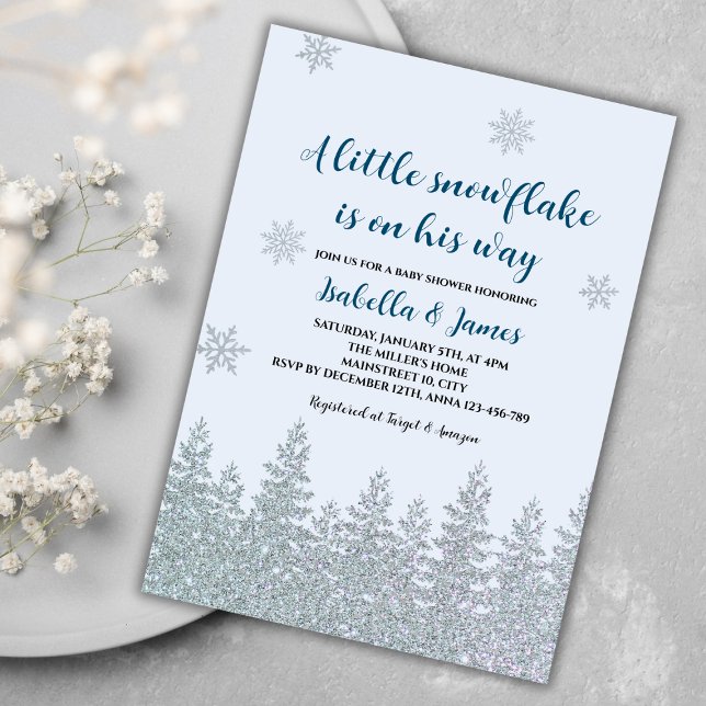 Winter Baby Boy Shower Woodland Little Snowflake Invitation (winter baby boy shower invitation blue woodland silver glitter little snowflake on the way)
