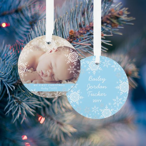 Winter Baby Boys First Christmas Snowflakes Blue Ornament