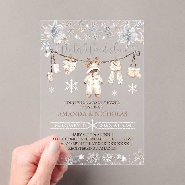 Winter Baby Clothes Baby Shower Acrylic Invitations (Insitu (Handheld))