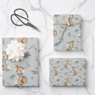 Winter Baby Deer with Earmuffs Snowflakes and Pine Wrapping Paper Sheets