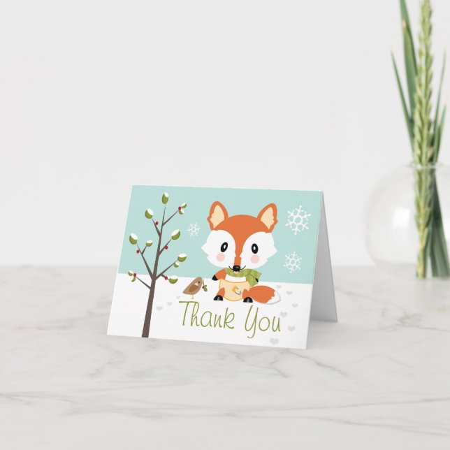 WINTER BABY FOX IN DIAPERS THANK YOU CARD (Front)