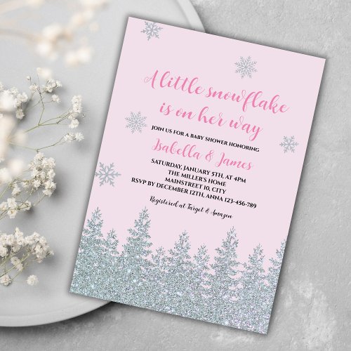 Winter Baby Girl Shower Woodland Little Snowflake Invitation