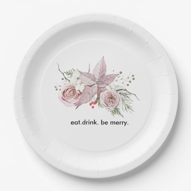 Winter baby in bloom pink floral poinsettia paper plates (Front)
