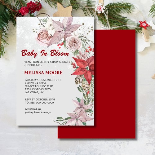 Winter baby in bloom pink floral red poinsettia invitation