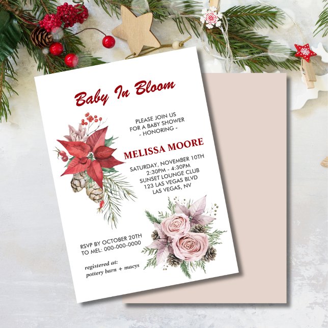 Winter baby in bloom pink floral red poinsettia invitation (Creator Uploaded)