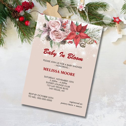 Winter baby in bloom pink floral red poinsettia invitation