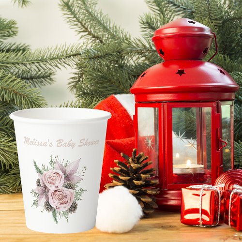 Winter baby in bloom pink poinsettia blush floral paper cups