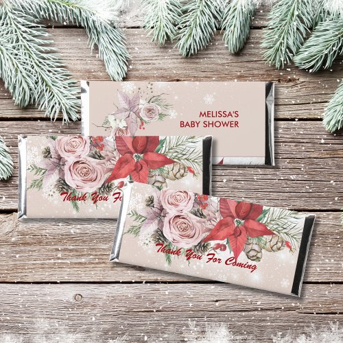 Winter baby in bloom pink red poinsettia floral hershey bar favors
