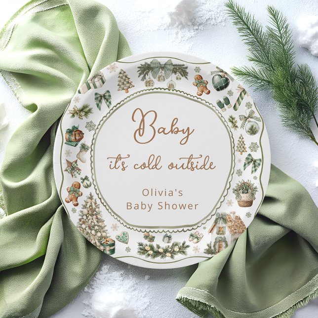 Winter Baby It's Cold Outside Greenery Baby Shower Paper Plates (Creator Uploaded)