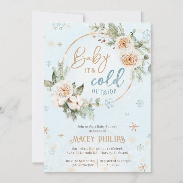Winter Baby It's Cold Outside Shower Gold Frozen Invitation (Front)