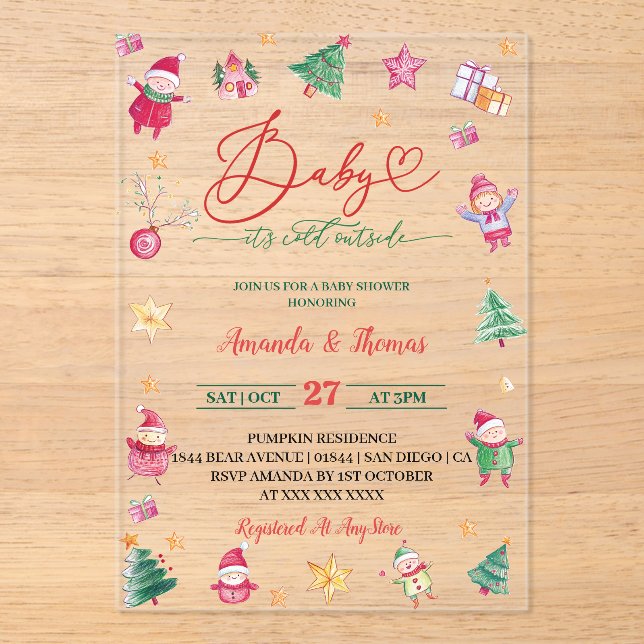 Winter Baby It's Cold Watercolor Baby Shower Acrylic Invitations (Front)