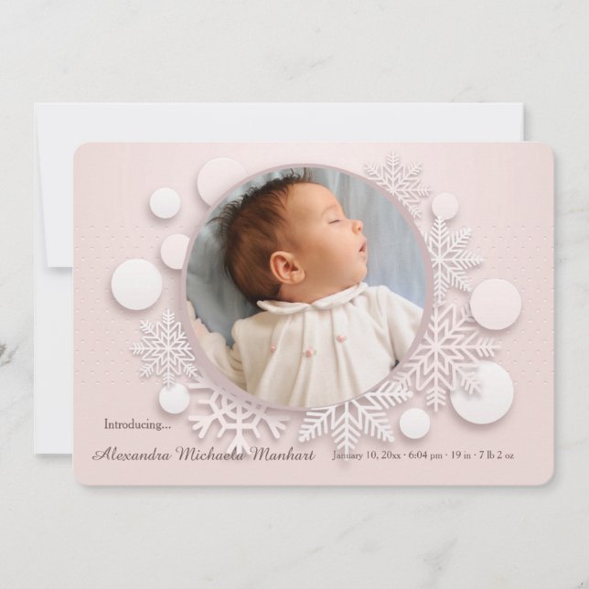 Winter Baby Photo Birth Announcement Pink (Front)