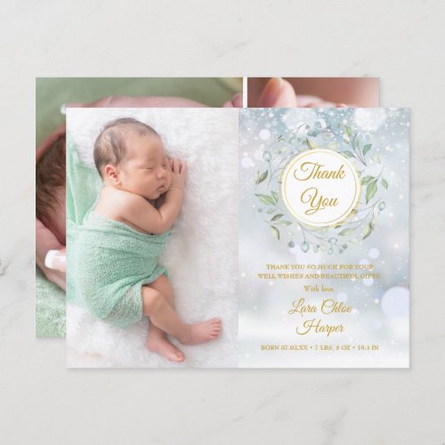 Winter Baby Photo Collage Floral Thank You Birth  Announcement Postcard