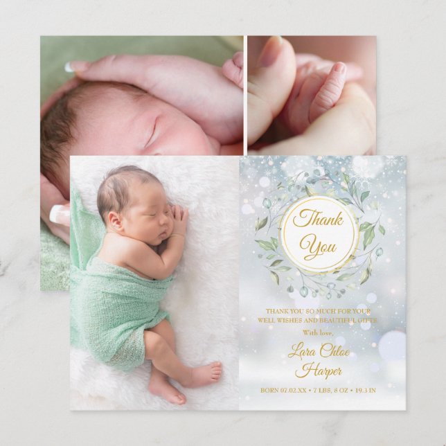 Winter Baby Photo Collage Floral Thank You Birth  Announcement Postcard (Front/Back)