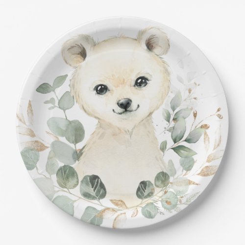 Winter Baby Polar Bear Eucalyptus Greenery Gold Paper Plates