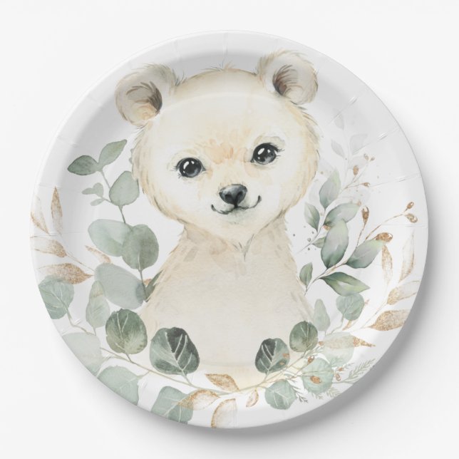 Winter Baby Polar Bear Eucalyptus Greenery Gold Paper Plates (Front)