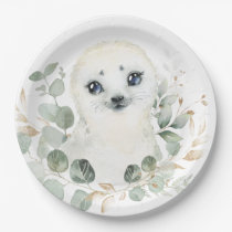 Winter Baby Seal Greenery Gold Wreath Birthday Paper Plates