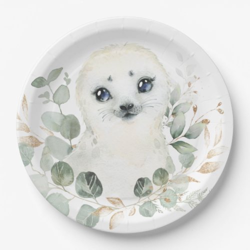 Winter Baby Seal Greenery Gold Wreath Birthday Paper Plates