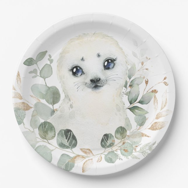 Winter Baby Seal Greenery Gold Wreath Birthday Paper Plates (Front)