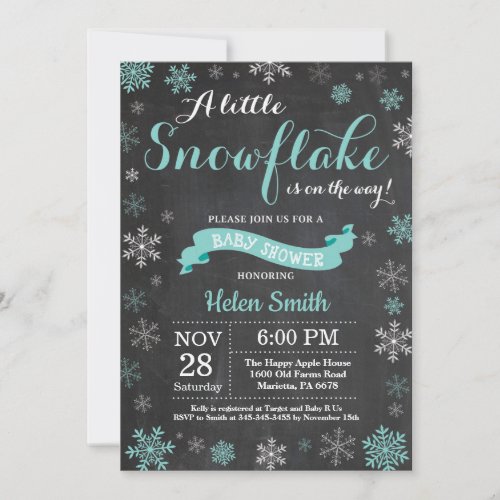 Winter Baby Shower Aqua Snowflake Chalkboard Invitation