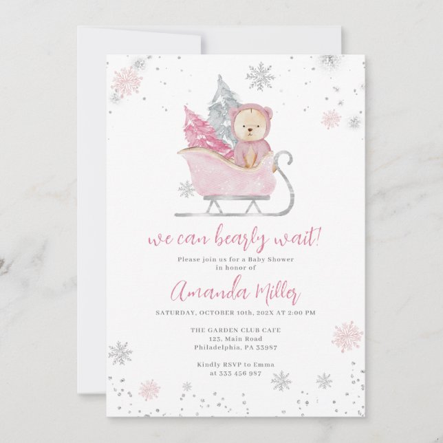 Winter Baby Shower Bear and Snow pink invite (Front)