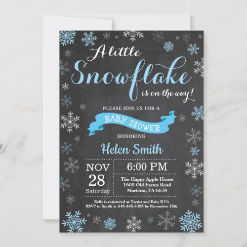 Winter Baby Shower Blue Snowflake Chalkboard Invitation