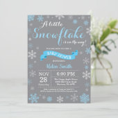 Winter Baby Shower Blue White and Gray Snowflake Invitation (Standing Front)