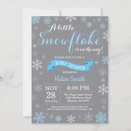 Winter Baby Shower Blue White and Gray Snowflake Invitation