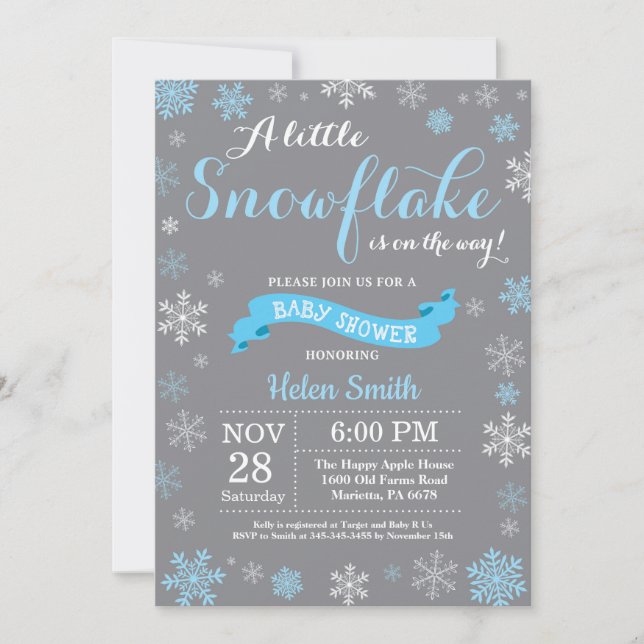 Winter Baby Shower Blue White and Gray Snowflake Invitation (Front)
