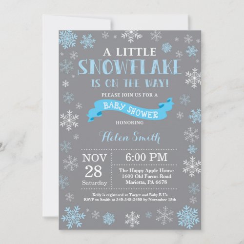 Winter Baby Shower Blue White and Gray Snowflake Invitation