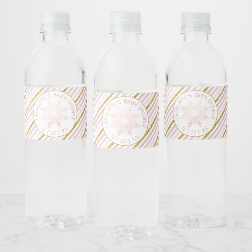 Winter Baby Shower Blush Pink Snowflake Water Bottle Label