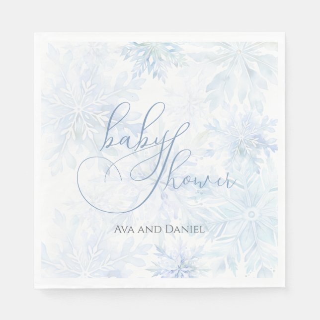 Winter Baby Shower Boy Blue Snowflake Napkins (Front)