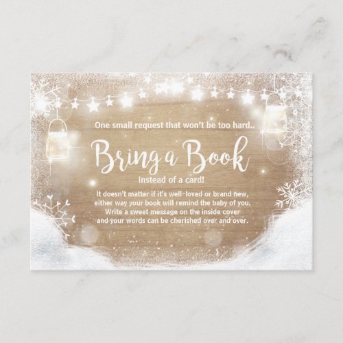 Winter Baby Shower Bring a book Snow Rustic wood Enclosure Card
