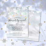 Winter Baby Shower By Mail Long Distance Invitation<br><div class="desc">Winter baby shower by mail long-distance invitation featuring cute mint green clouds and golden stars on strings on a winter snowflakes background. This cute baby shower, sprinkle or couples shower by mail invitation is perfect for all little ones on their way. Personalize your celebration information in modern elegant typography creating...</div>