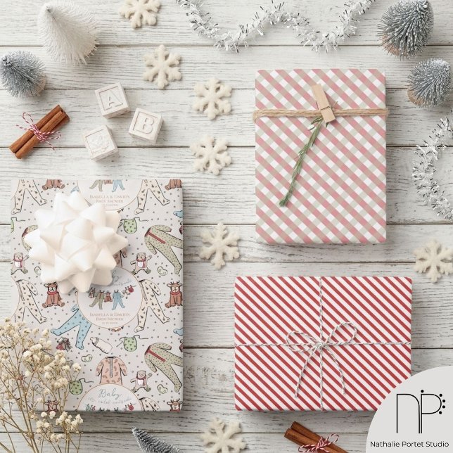 Winter Baby Shower Clothesline Wrapping Paper Sheets (Hand drawn winter baby shower wrapping paper with clothesline and festive holiday patterns)