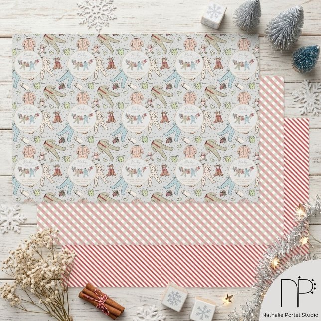 Winter Baby Shower Clothesline Wrapping Paper Sheets (Hand drawn winter baby shower wrapping paper with clothesline and festive holiday patterns)