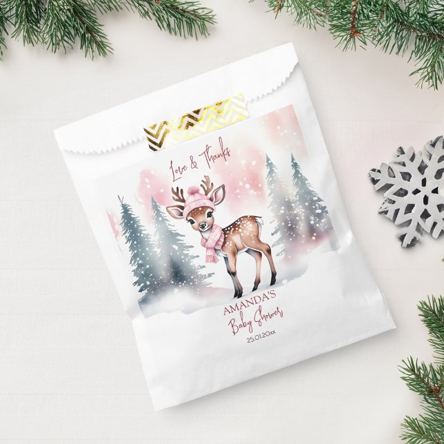 Winter baby shower cute deer pink thank you favor bag (Winter baby shower thank you favor bag cute deer wearing pink winter hat and scarf personalized bag)