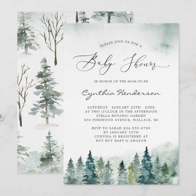 Winter Baby Shower Elegant Chic Forest Pine Trees Invitation (Front/Back)
