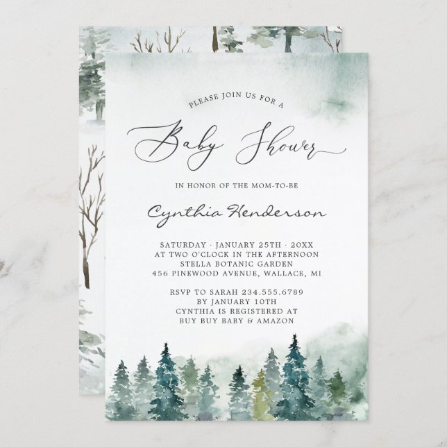 Winter Baby Shower Elegant Chic Forest Pine Trees Invitation (Front/Back)