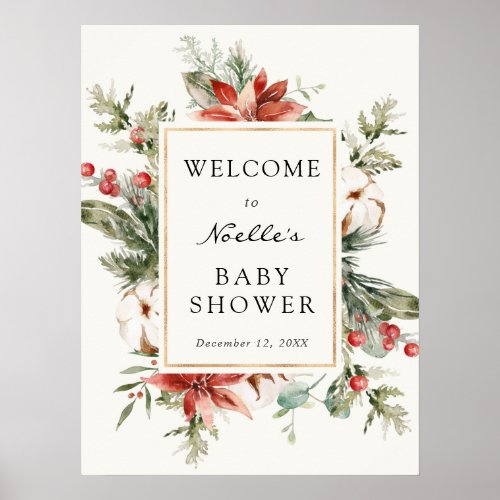 Winter Baby Shower Evergreen Poinsettia Welcome Poster