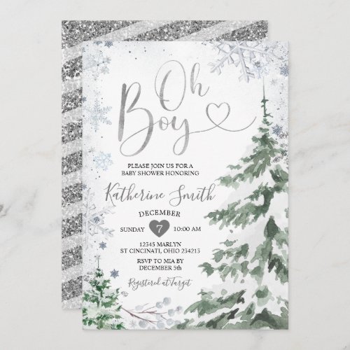 Winter Baby Shower Forest Silver Snowflakes Invitation