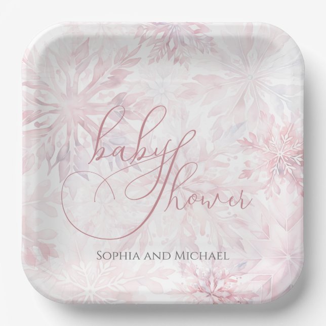 Winter Baby Shower Girl Pink Snowflake Paper Plates (Front)